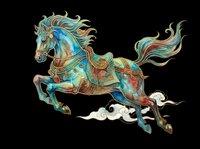 Ornate leaping horse with flowing mane in teal and gold tones, isolated on transparent background. Great for t-shirt design, stickers, clipart, and print on demand.