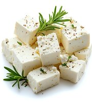 Fresh feta cheese cubes with rosemary sprigs and pepper seasoning on white background, isolated for food packaging and recipe marketing.