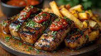 Grilled pork medallions with herbs and tomato sauce served with golden potato wedges on rustic wooden board. Close up view of juicy meat dinner.