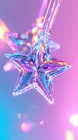 Crystal star ornament with iridescent reflections against pink and blue gradient background, creating magical holiday atmosphere with soft bokeh lights.