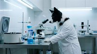 Border collie scientist in white lab coat conducting research with microscope in modern laboratory setting for scientific education concepts.
