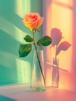 Single peach-yellow rose in glass vase casting dramatic shadow on colorful wall with sunset light creating romantic atmosphere.