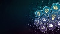 Digital technology hexagonal network with educational icons on dark blue background with glowing particles for modern learning concepts.