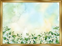 Watercolor floral border with white flowers and green leaves in golden frame on soft pastel background for wedding invitations and spring designs.
