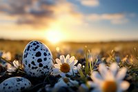 Speckled blue Easter eggs nestled among blooming daisies in spring meadow at golden sunset, creating magical seasonal atmosphere with bokeh effect.