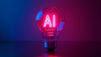 Glowing neon light bulb with AI text inside on dark background with blue and pink gradient lighting effects, symbolizing artificial intelligence innovation.