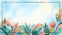 Watercolor floral frame with tropical leaves and pink flowers on a soft pastel sky background, copy space for text or design.