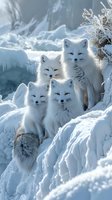 Family of arctic foxes with fluffy white fur standing together on snowy terrain in winter landscape, showcasing wildlife adaptation to cold climate.