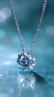 Elegant diamond solitaire pendant on silver chain against soft teal background with bokeh effect, showcasing luxury jewelry craftsmanship.