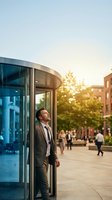 Confident businessman in suit standing outside modern glass building during golden hour sunset in urban business district with pedestrians walking nearby.