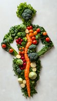 Fresh vegetables arranged in human body shape with carrots, broccoli, tomatoes, cabbage and lettuce on white background. Creative healthy eating concept.