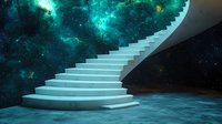 Curved white staircase leading into turquoise cosmic space with glowing nebula and stars, surreal minimalist architectural concept against galaxy background.