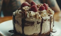 Decadent chocolate cake topped with fresh raspberries, whipped cream, and drizzled chocolate sauce on white plate, close-up view with moody lighting.