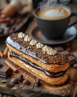 Chocolate eclair with cream filling and chocolate glaze topped with decorative white frosting swirls on rustic wooden board, served with coffee and cinnamon sticks.