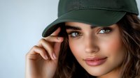 Young woman with long brown hair and light eyes wearing dark green cap, touching brim, studio portrait against white background for fashion and lifestyle design projects.