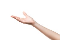 Caucasian female hand with open palm gesture showing or presenting on white isolated background, clean skin and natural manicure.