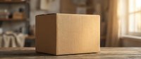 Closed kraft cardboard box on wooden table in warehouse setting with natural sunlight and blurred background, suitable for shipping and packaging design.