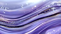 Flowing purple and gold waves create elegant abstract background with glitter particles and smooth curved lines. Luxurious design for creative projects.