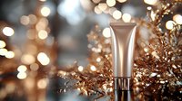 Elegant cosmetic cream tube on blurred bokeh background with golden decorative elements and soft lighting creates luxurious beauty product presentation.