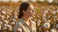 Young Caucasian woman in beige shirt standing peacefully in cotton field during golden hour sunset, profile view with natural lighting for agriculture concepts.