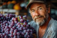 Senior Caucasian man with beard and cap selling fresh purple grapes at farmers market, authentic rural vendor with produce in foreground.