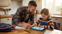 Father and daughter using digital tablet for educational activities at kitchen table, homeschooling and family learning time together at home.