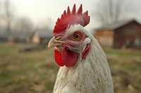 White hen with red comb and wattles in farmyard setting. Domestic chicken portrait showing detailed feathers and bright red facial features against blurred rural background.