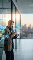 Caucasian male professional in business casual attire using smartphone with digital service icons floating around him in modern office with city skyline view for customer support and communication concepts.