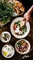Fresh Mediterranean spread with Greek salad, olives, prosciutto, whipped feta, and crusty bread on rustic wooden table. Hand reaching for bread creates engaging composition.