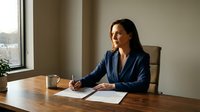 Professional businesswoman in navy blazer writing documents at wooden desk by office window during daytime meeting preparation.