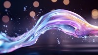 Flowing liquid wave with iridescent colors and light bokeh effects creates dynamic motion against dark background. Splashing droplets add energy to composition.