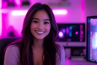 Young Asian woman smiling at camera in home office with purple neon lighting and computer monitors in background, creating modern cyberpunk atmosphere.