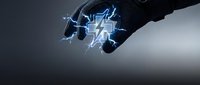 Hand holding glowing blue lightning bolt symbol with electric energy sparks, representing power, technology, and innovation for business and digital concepts.