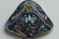 Mystical blue bearded man pin with ornate golden details, crying silver tears against dark background, featuring celtic knot crown and flowing decorative patterns.