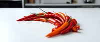 Fresh red chili peppers arranged on white surface, ideal for food photography, cooking blogs, recipe websites, and culinary design projects.