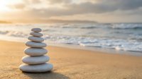 Balanced stone stack on sandy beach at sunset with ocean waves creating peaceful zen meditation scene for wellness and mindfulness practices.