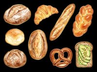 Freshly baked bread assortment isolated on transparent background. Includes croissant, baguette, pretzel, sourdough, and avocado toast. Ready for bakery designs, menus, t-shirts, and print-on-demand products.