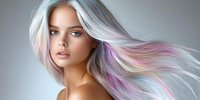 Young woman with flowing silver and pastel purple hair against gray background, bare shoulders, natural makeup, fashion portrait showing modern hair coloring trends.