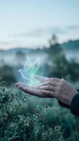 Hands releasing glowing dove spirit symbolizing freedom, peace and liberation in serene natural outdoor setting with soft bokeh background.
