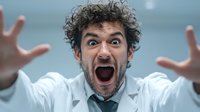 Man with curly hair in white lab coat screaming with hands raised in dramatic expression, portraying intense emotion against blurred background.