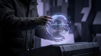 Close-up of hands holding glowing digital globe with network connections and data streams, representing global technology, artificial intelligence, and digital transformation in modern business environment.