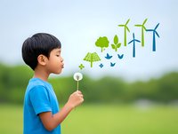 Asian boy in blue t-shirt blowing dandelion with renewable energy icons appearing, symbolizing environmental awareness and sustainable future dreams.