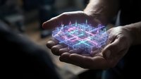 Hands holding glowing neon grid hologram with purple and cyan light, representing digital technology, data networks, and innovation for tech concepts.