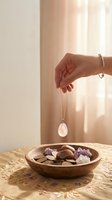 Woman hand holding rose quartz crystal pendulum over wooden bowl with healing stones for spiritual divination and energy cleansing practice.