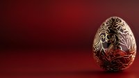 Decorative golden egg with intricate floral pattern and swirls on dark red background. Luxury Easter symbol with ornate etched design creates dramatic mood.