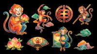 Monkey character holding fruit, playful monkey with staff, decorative circular knot symbol, monkey with traditional fan, lotus flower, monkey with lantern, and stylized cloud elements isolated on transparent background. Ready for t-shirt design, clipart, stickers, sublimation, and print-on-demand projects.
