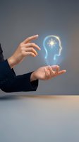 Businesswoman holding glowing neon head icon with bright star inside, representing innovation, creativity, and mental development for corporate and technology concepts.