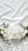 Elegant wedding flat lay with wrapped gift, white roses, eucalyptus leaves and pearl necklace on soft white silk fabric for bridal celebration planning.