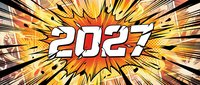 Comic book style explosion with 2027 text in bold letters radiating energy burst lines for New Year celebration designs and promotional materials.