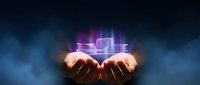 Hands holding glowing digital hologram with neon purple grid lines against stormy sky background. Technology innovation concept for business presentations and digital transformation projects.